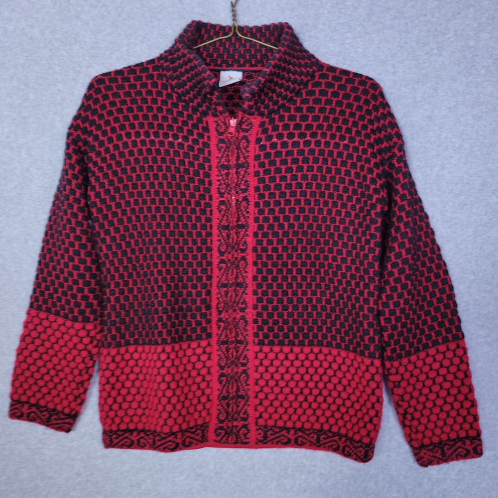Alpaca Warehouse Red Black Geometric Zip Up Cardigan Sweater Mock Neck Alpaca M